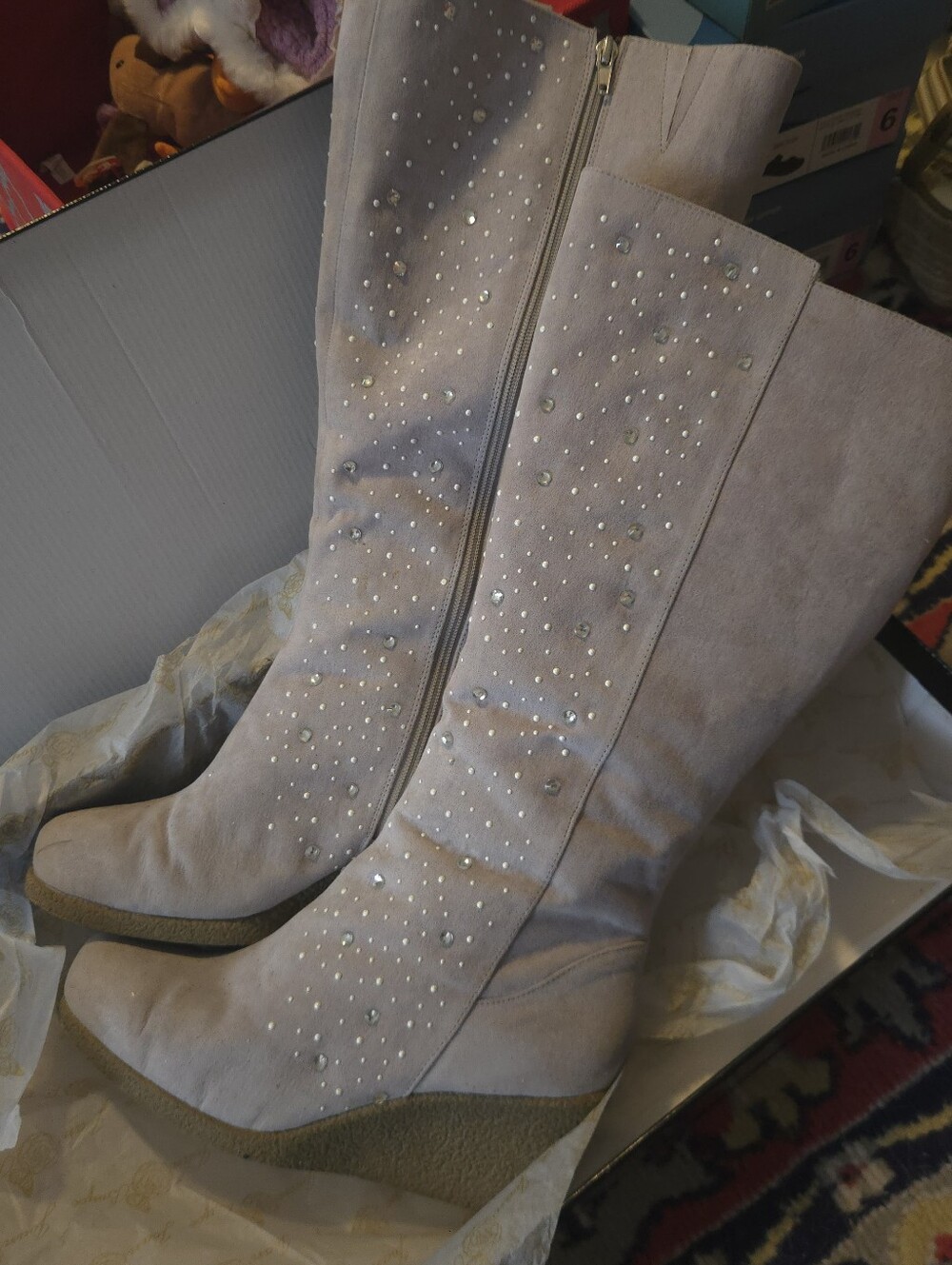 New In Box Stunning Joan Boyce Tall Rhinestone Embellished Wedge Boots